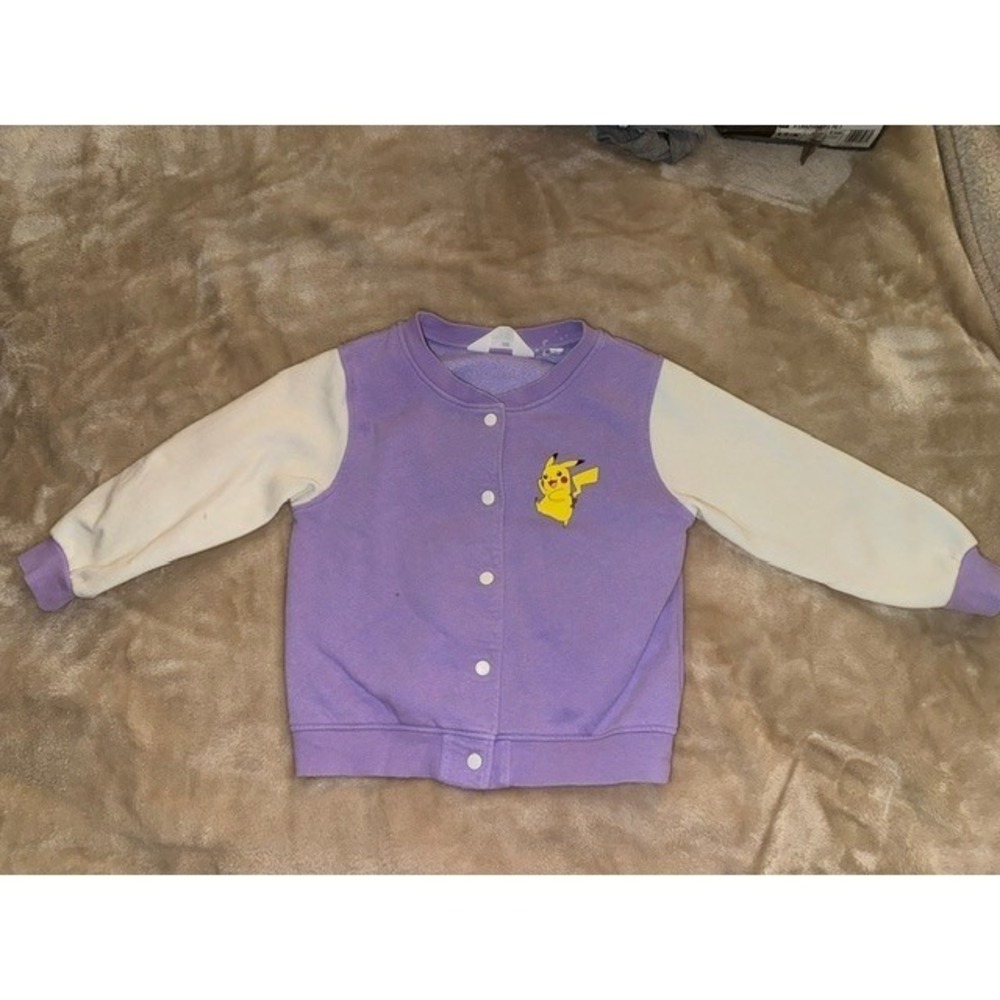 HM Pokemon Pikachu Eevee Varsity Jacket Sweatshirt Purple Girls Kids SZ 5-6Y (D)